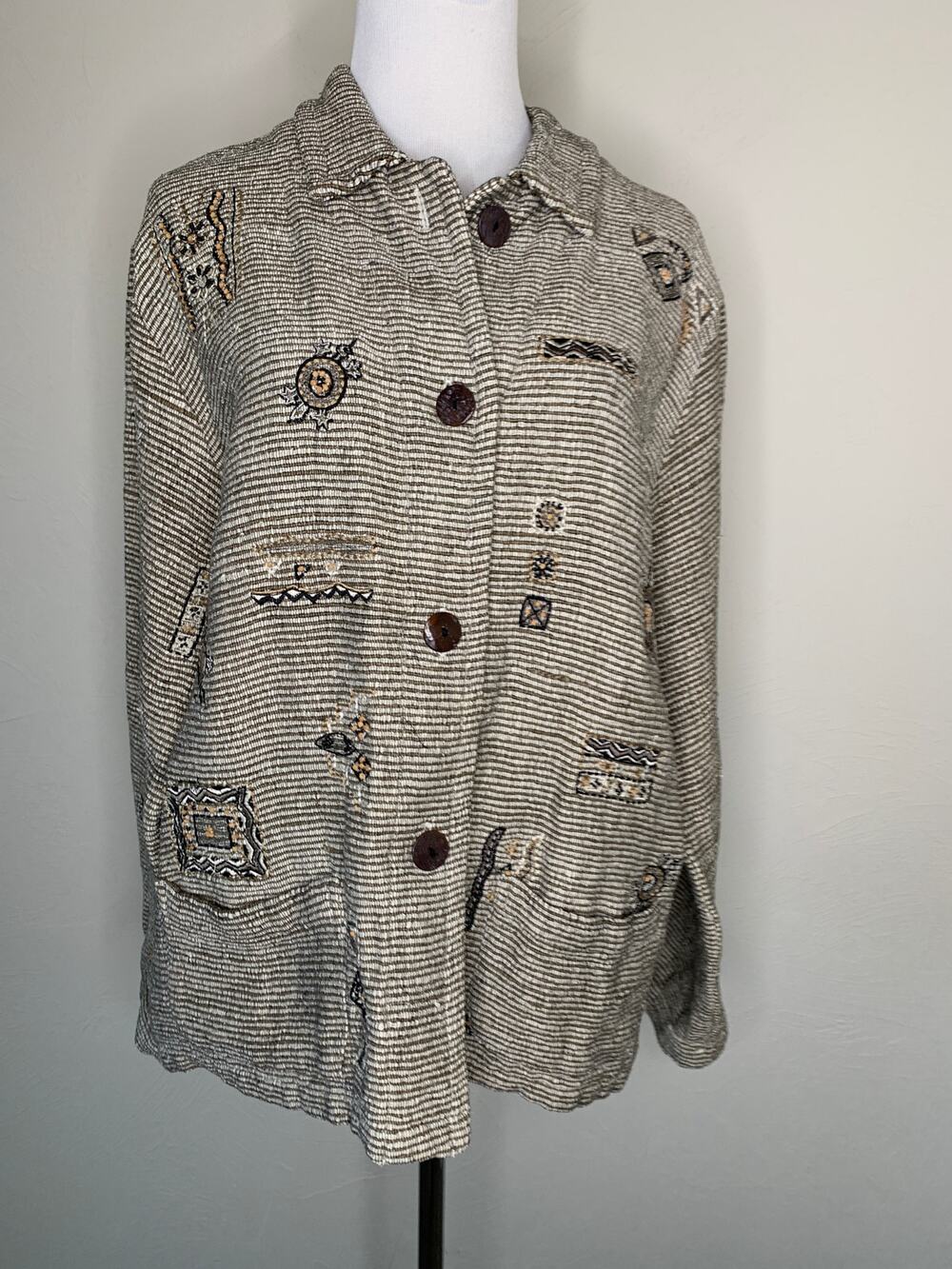 Chico's Boho Beaded Blazer Jacket Sz Medium Brown Black